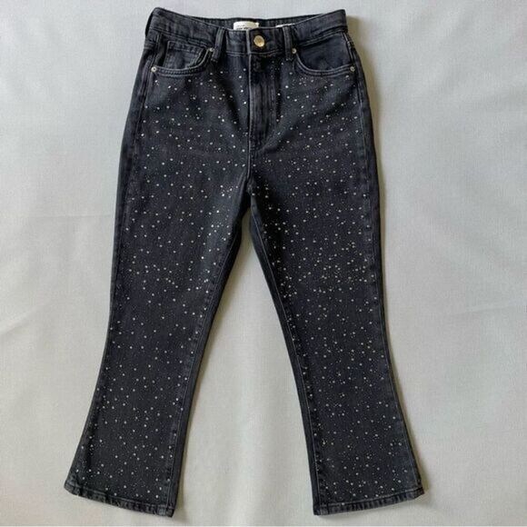 Flared Cropped Black Rhinestone Capri Jeans Size 6S - Picture 1 of 10
